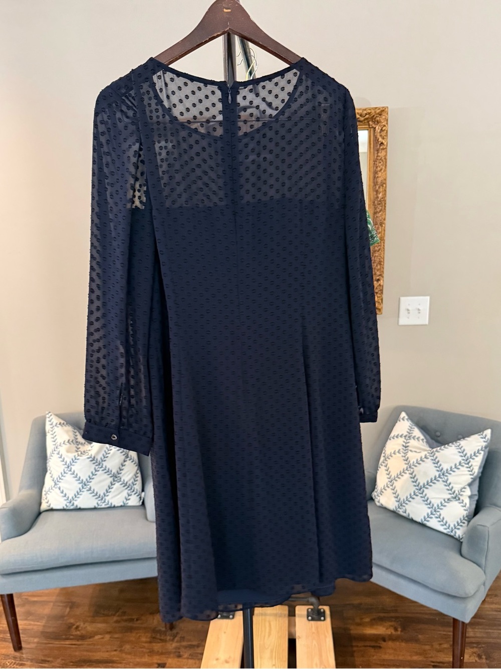 J. Crew Navy Swiss Dot Long Sleeve A-Line Dress